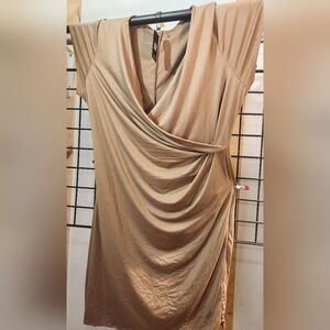 Elegant Asymmetrical Draped Dress in Tan Pit=27  L=43.5